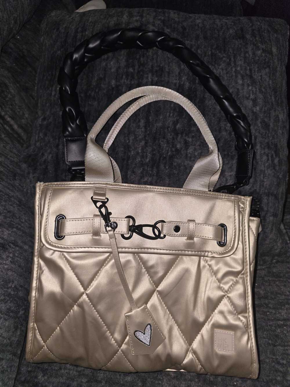 IHKWIP Quilted Champagne Gold Metallic Satchel Crossbody Tote Bag Tassel